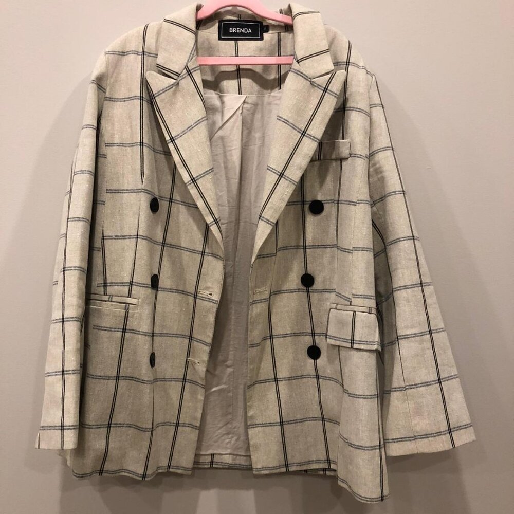 Brenda Tan Plaid Women’s Designer Cotton Cute Women's Blazer and Shorts Set M
